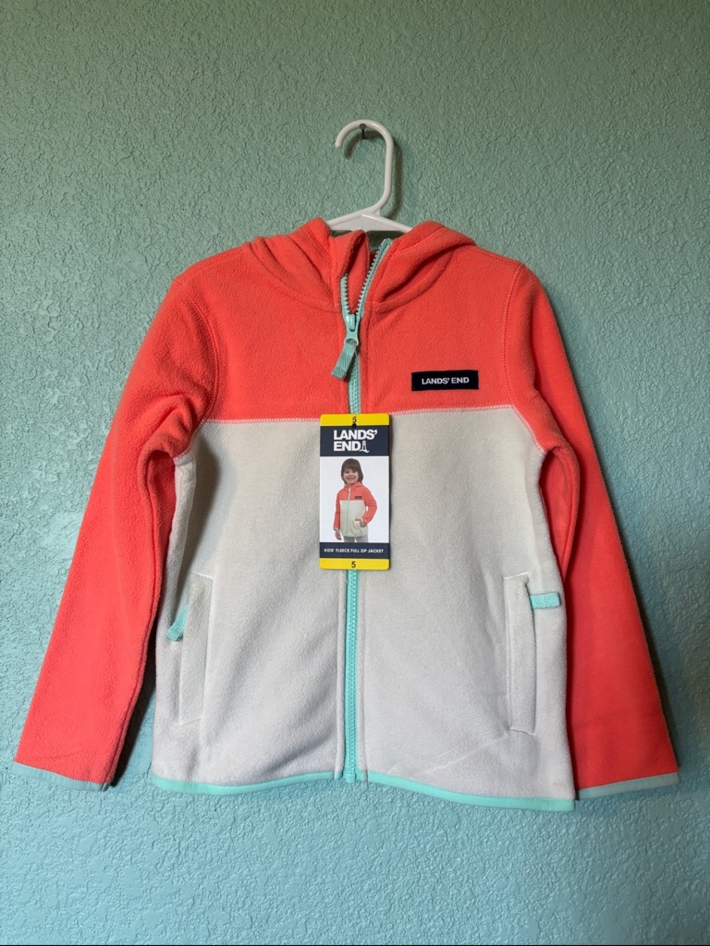 🆕 Lands' End Coral & Cream Girls' Full Zip Hoodie Jacket Mint Trim, size 5 - NWT